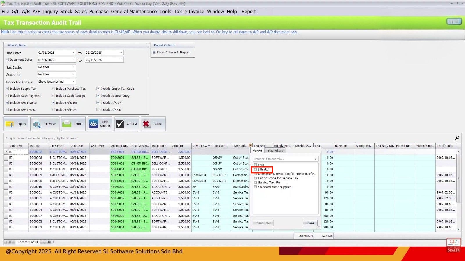 Tax Transaction Audit Trail in AutoCount Accounting