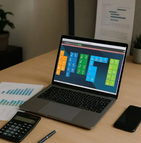 Laptop displaying accounting software on a wooden desk with financial reports, calculator, and smartphone in a clean office setting.