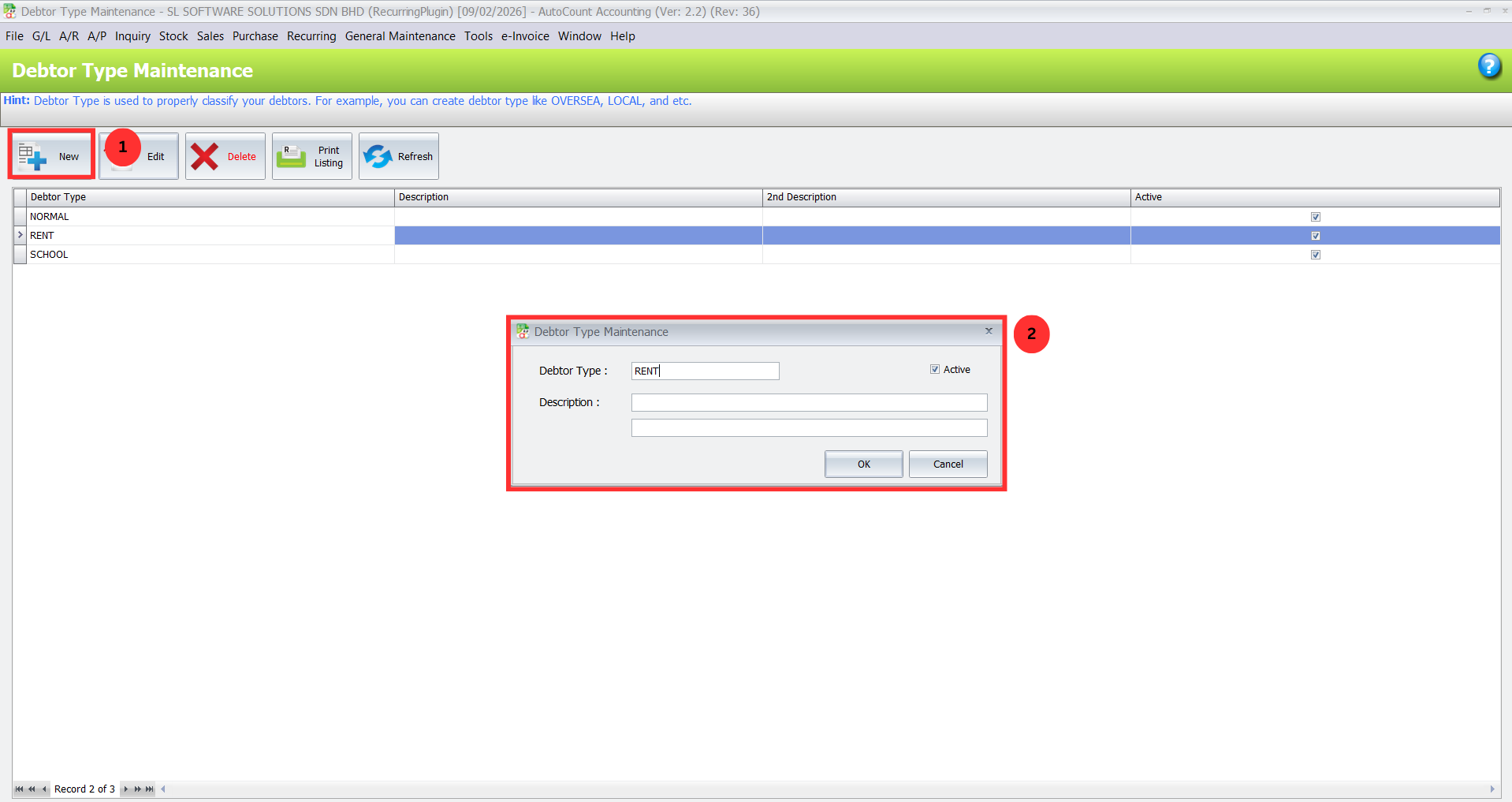 Add debtor type screen in AutoCount Recurring Invoice setup