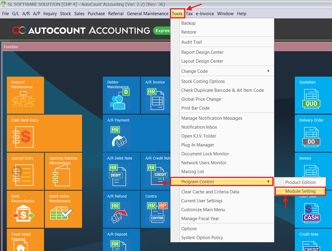 AutoCount Accounting menu showing Tools > Program Control > Module Setting with Consignment and Item Package options highlighted.