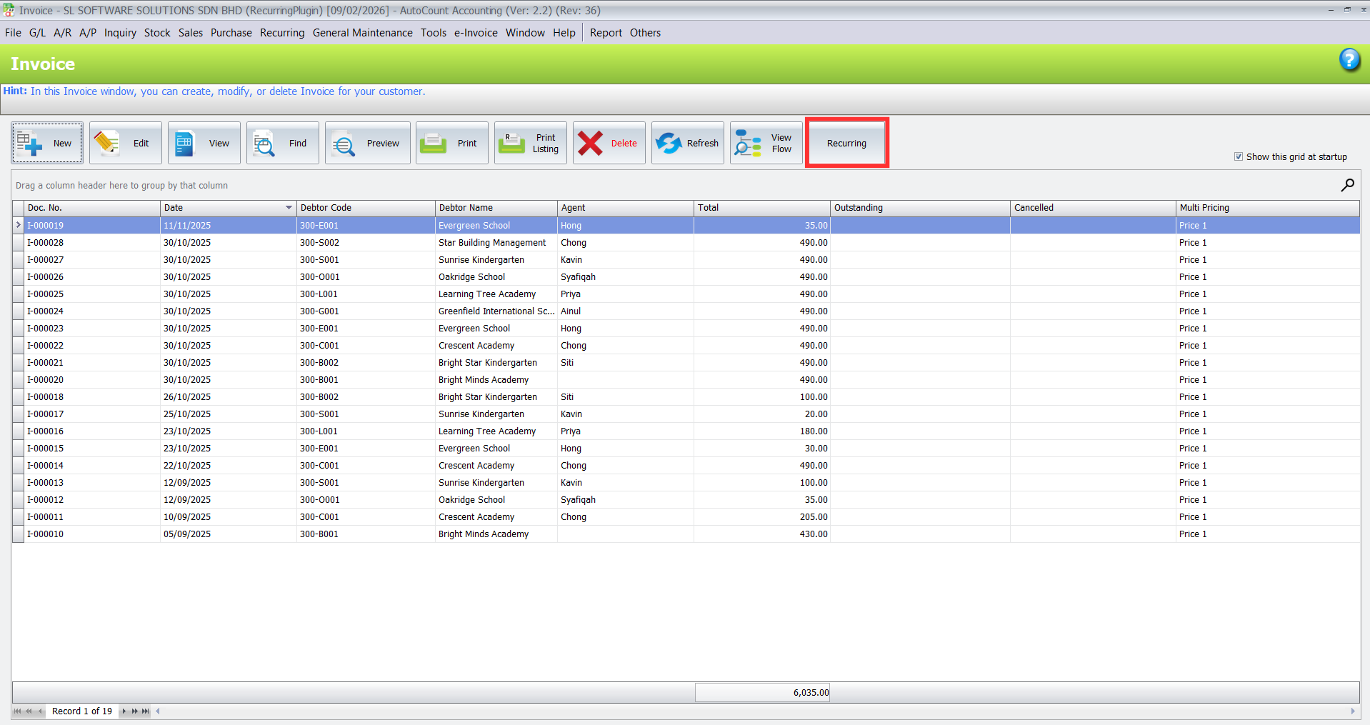 Recurring button added to Invoice screen in AutoCount