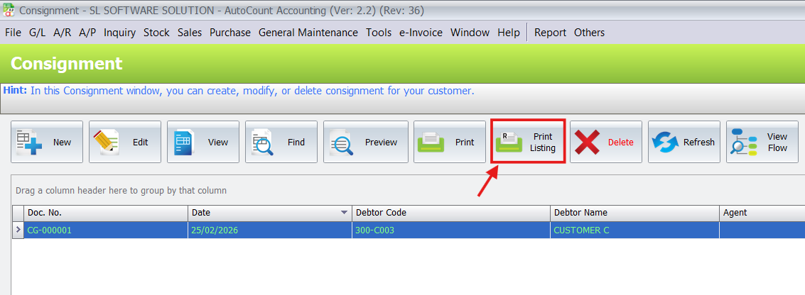 AutoCount Consignment list screen with Print Listing button highlighted for outstanding consignment reports.