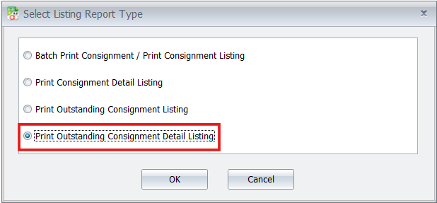 AutoCount Select Listing Report Type dialog with Print Outstanding Consignment Detail Listing option highlighted.
