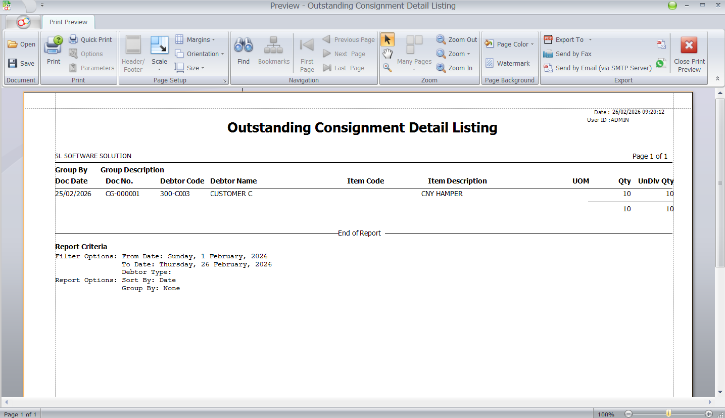 Print preview of AutoCount Outstanding Consignment Detail Listing report showing CNY HAMPER consigned quantity and unsold balance.