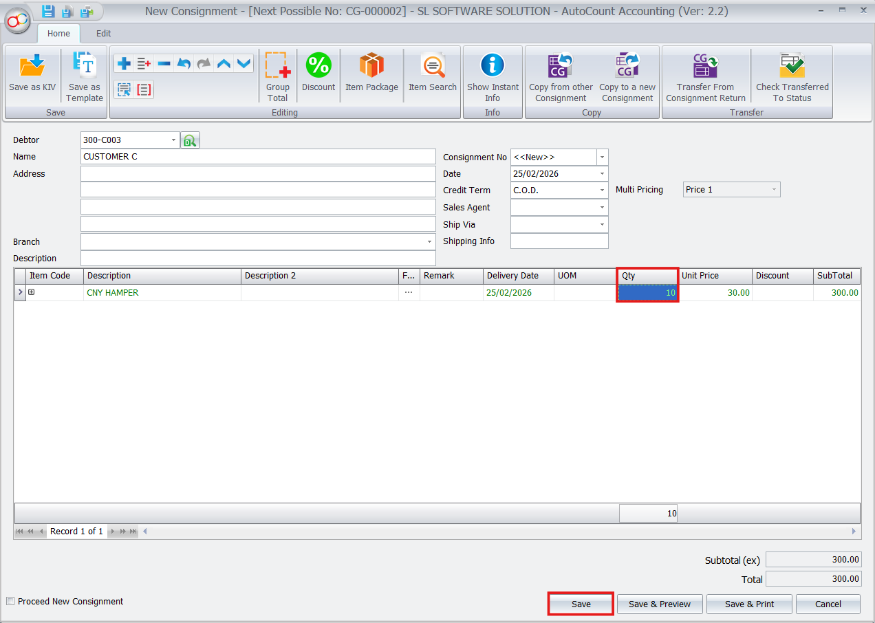 AutoCount New Item Package screen showing quantity fields filled for a bundle.