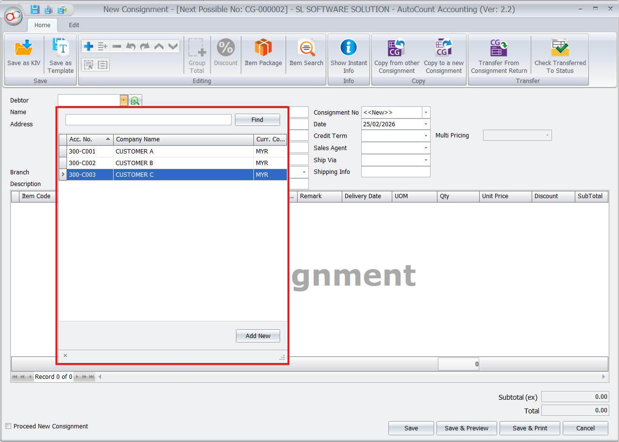 AutoCount New Consignment customer selection dialog listing available debtors for consignment entry.