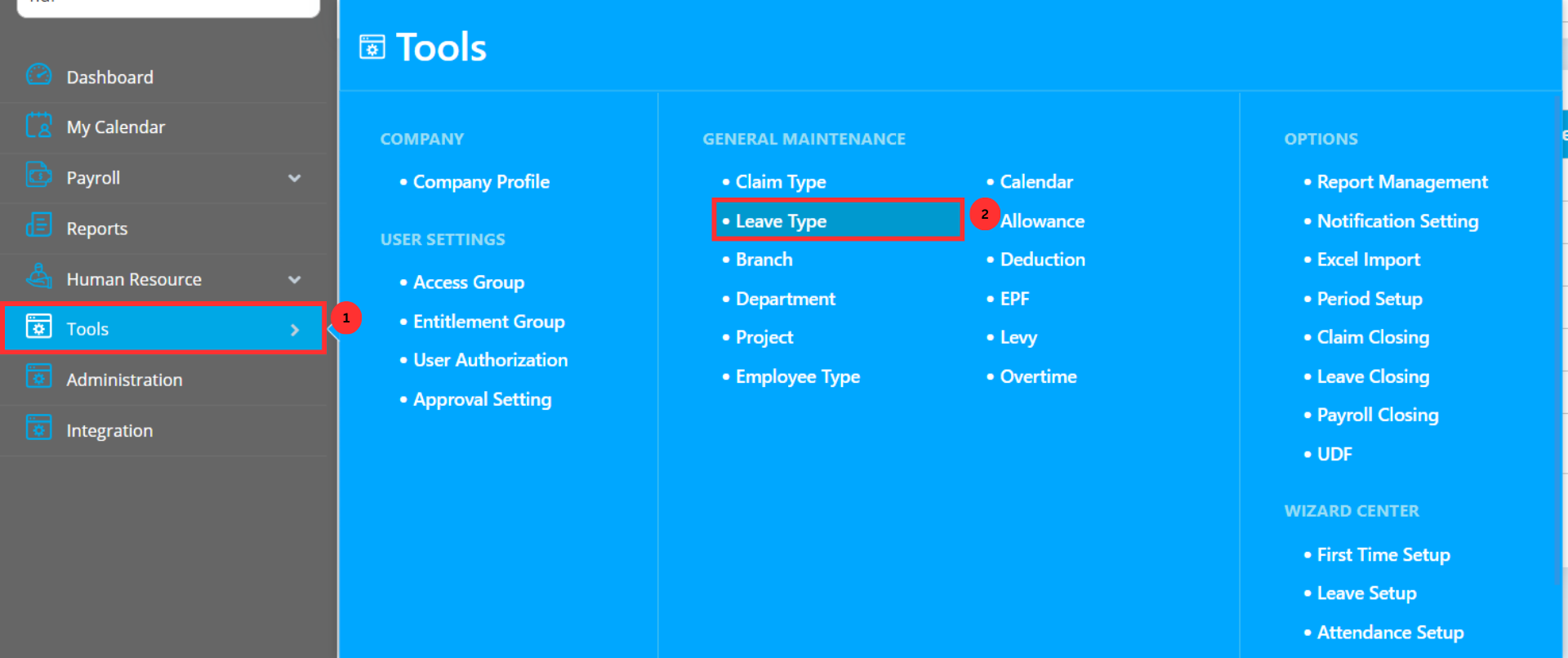 AutoCount HRMS menu under Tools in General Maintenance