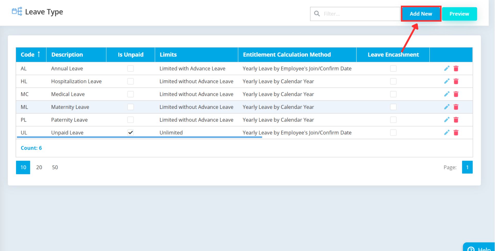 Add New button to create a new leave type in AutoCount HRMS