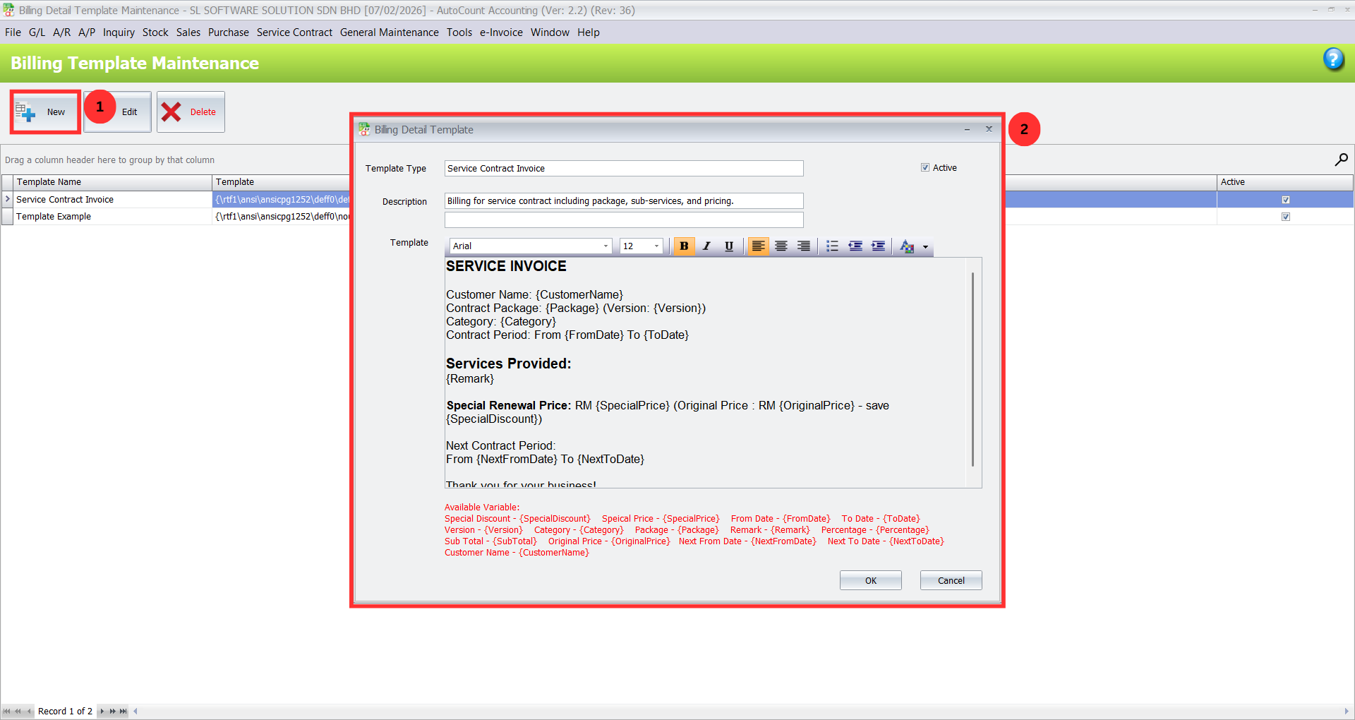 Billing template setup in AutoCount Service Contract Plugin