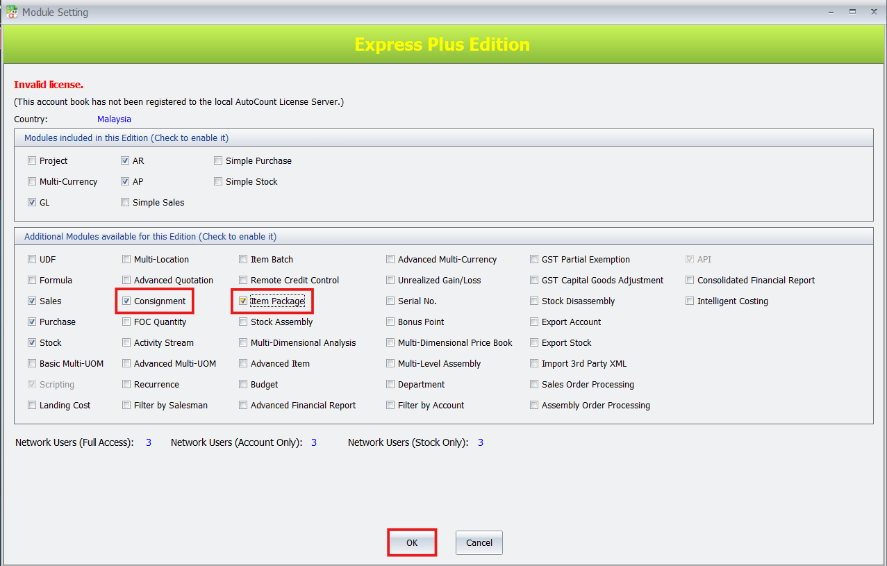 AutoCount Module Setting dialog with Consignment and Item Package modules checked for activation.