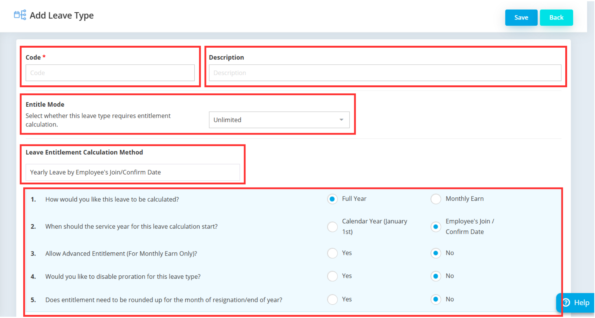 form with code and description fields in AutoCount HRMS