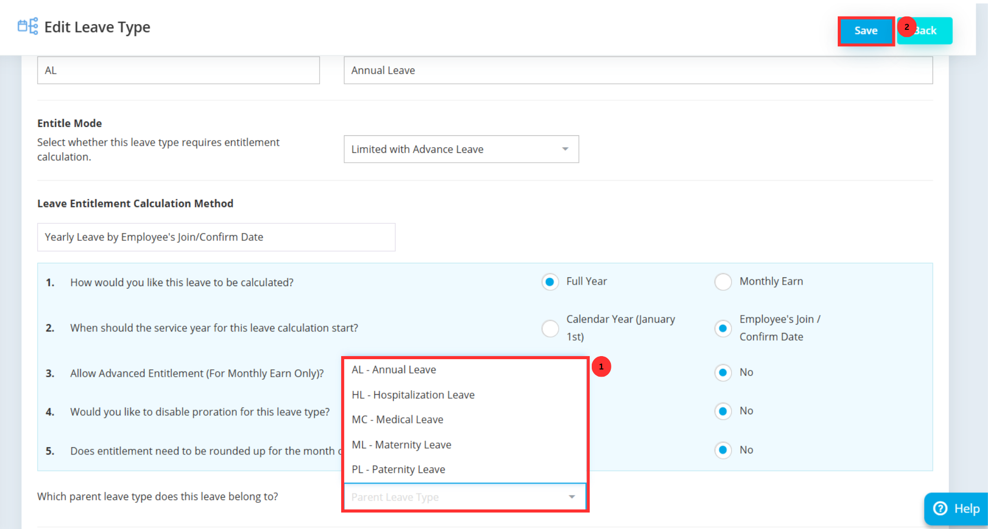 Parent Leave Type dropdown selection in leave type configuration