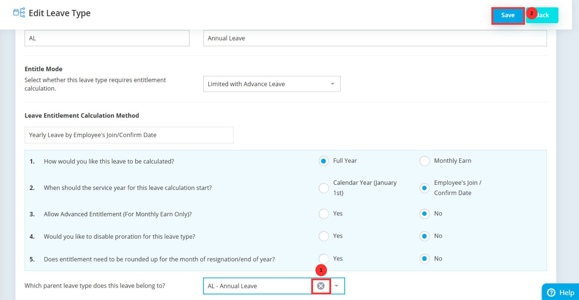 Remove parent leave type using X icon in leave settings