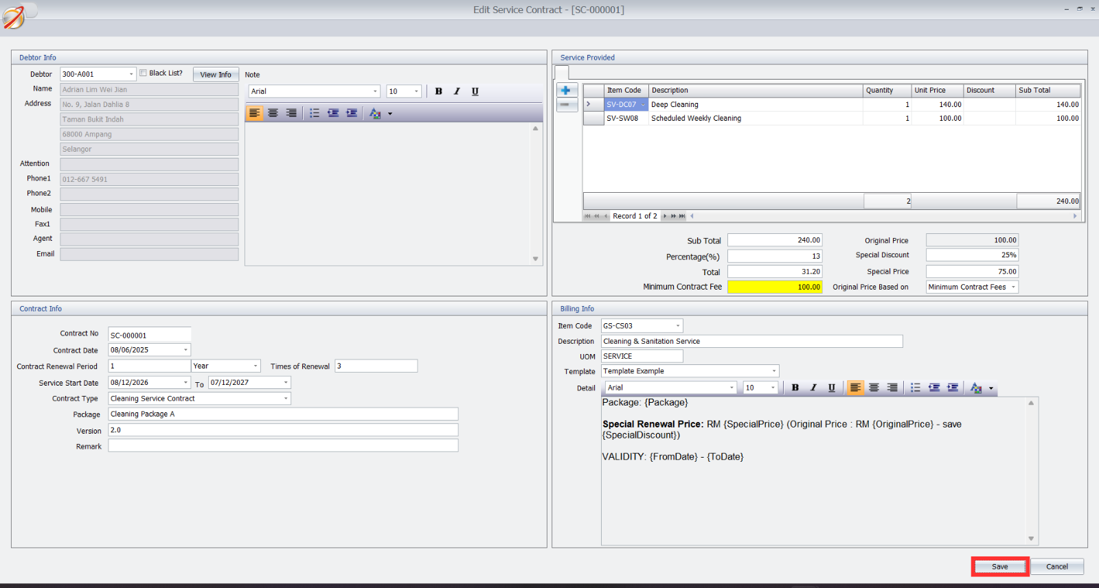 Entering a new service contract in AutoCount interface