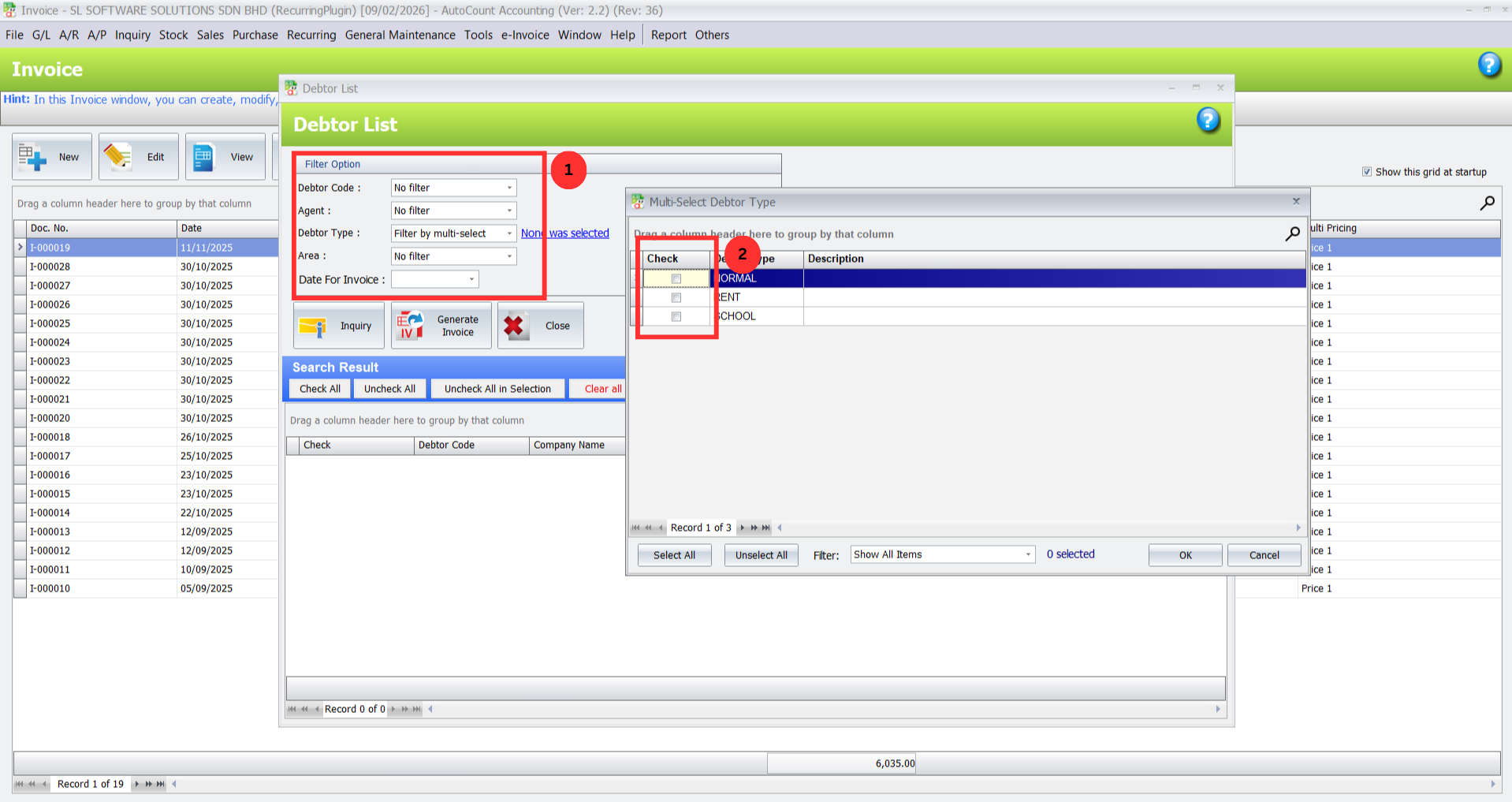 Filter recurring invoice list by debtor type