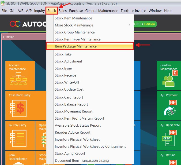 AutoCount Stock menu with Item Package Maintenance option selected.