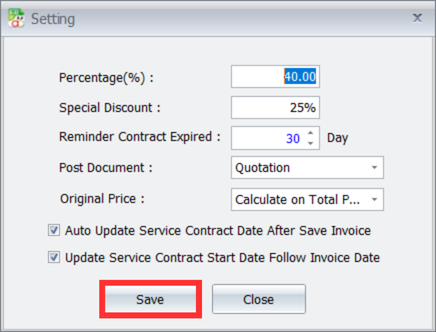 Service Contract settings configuration options in AutoCount