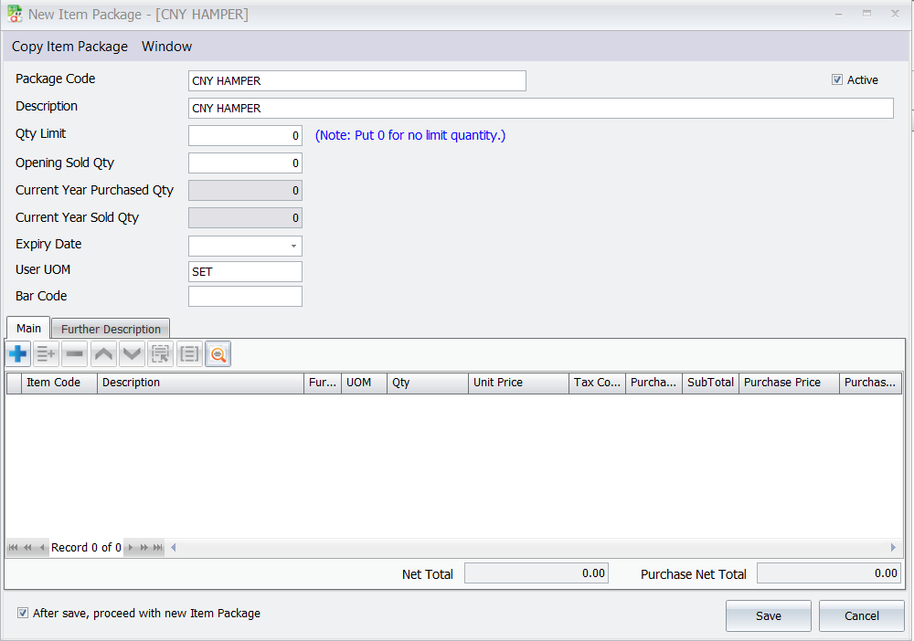 AutoCount New Item Package setup screen with fields for Package Code, Description and item list.
