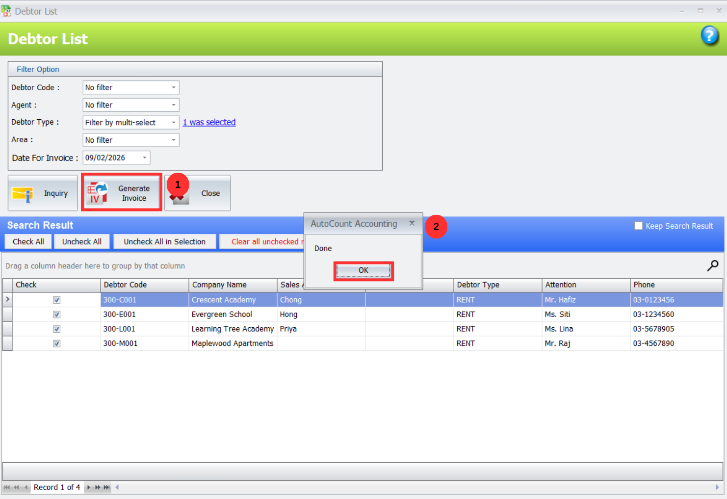 Generate recurring invoices screen in AutoCount plugin