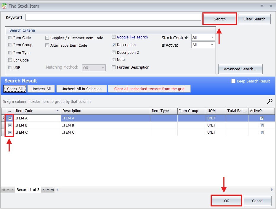 AutoCount Find Stock Item dialog selecting multiple stock items to add into item package bundle.