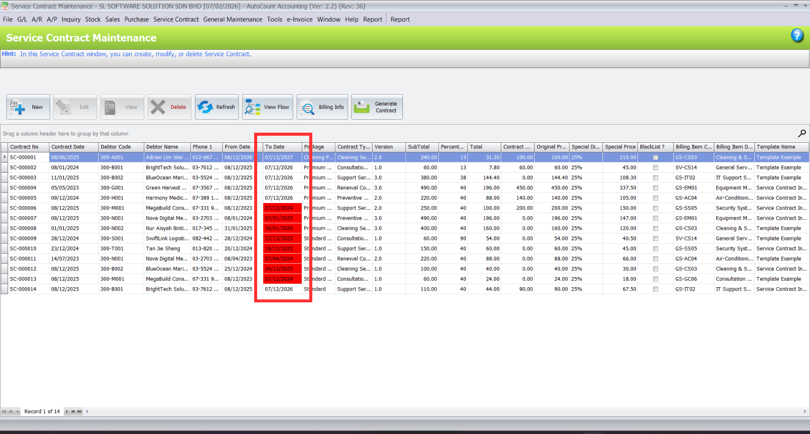 Color-coded contract status list in AutoCount Service Contract Plugin