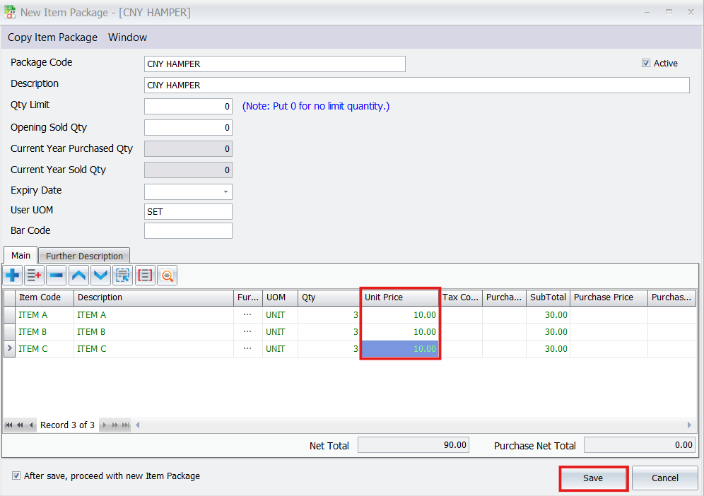 AutoCount New Item Package screen showing sub‑items and unit price fields filled for a bundle.