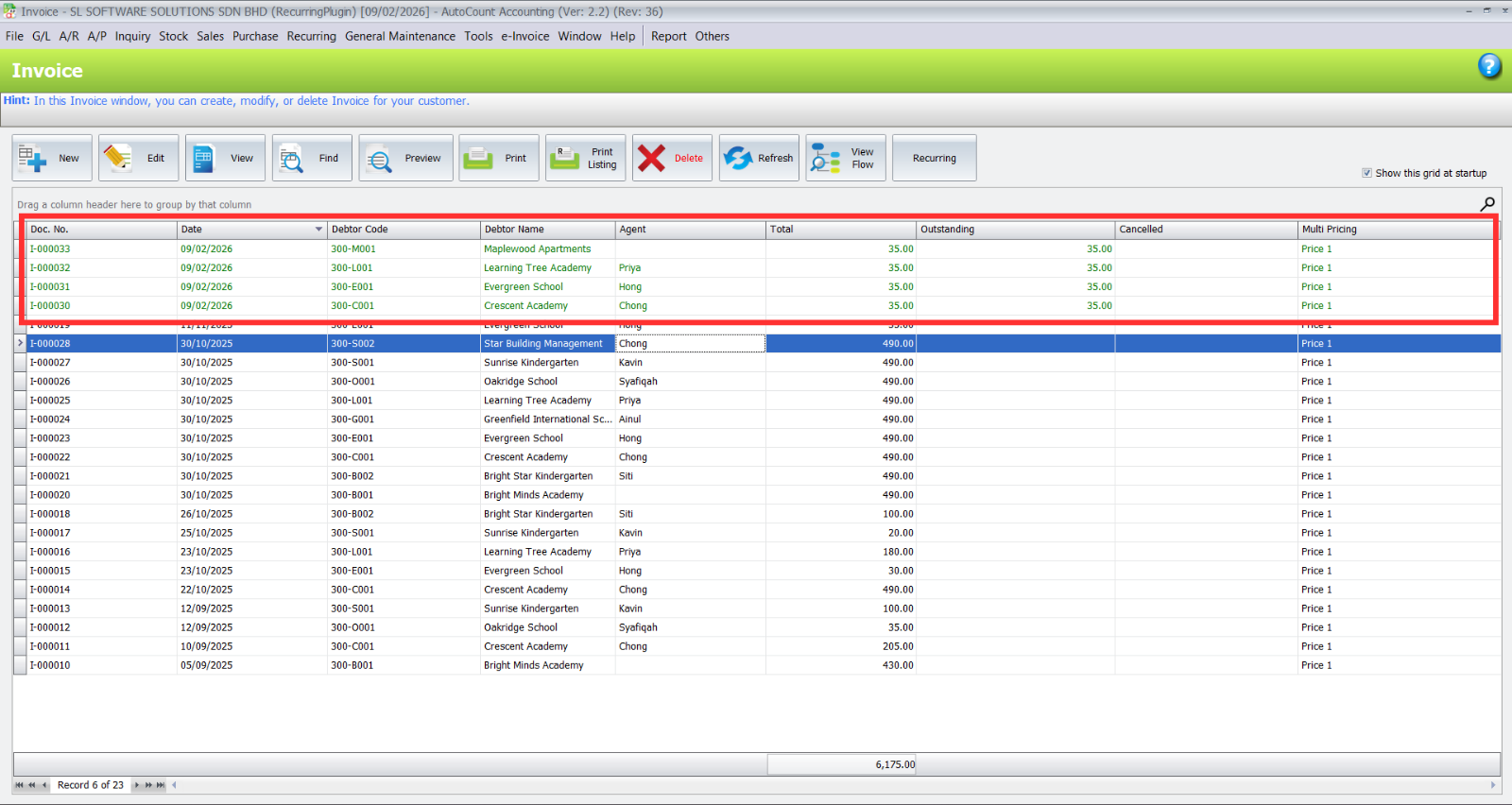 Recurring invoice generation completed in AutoCount