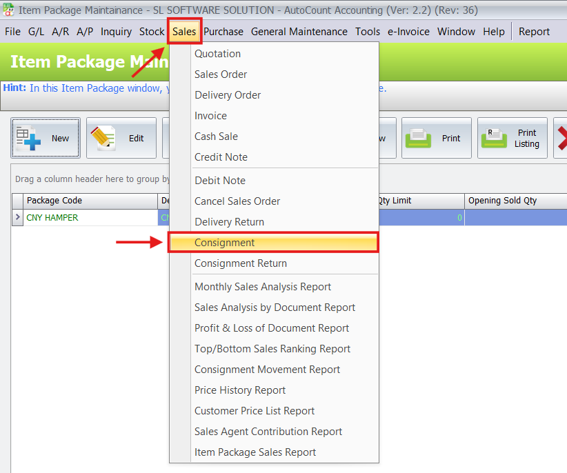 AutoCount Sales menu with Consignment option highlighted for creating a new consignment note.