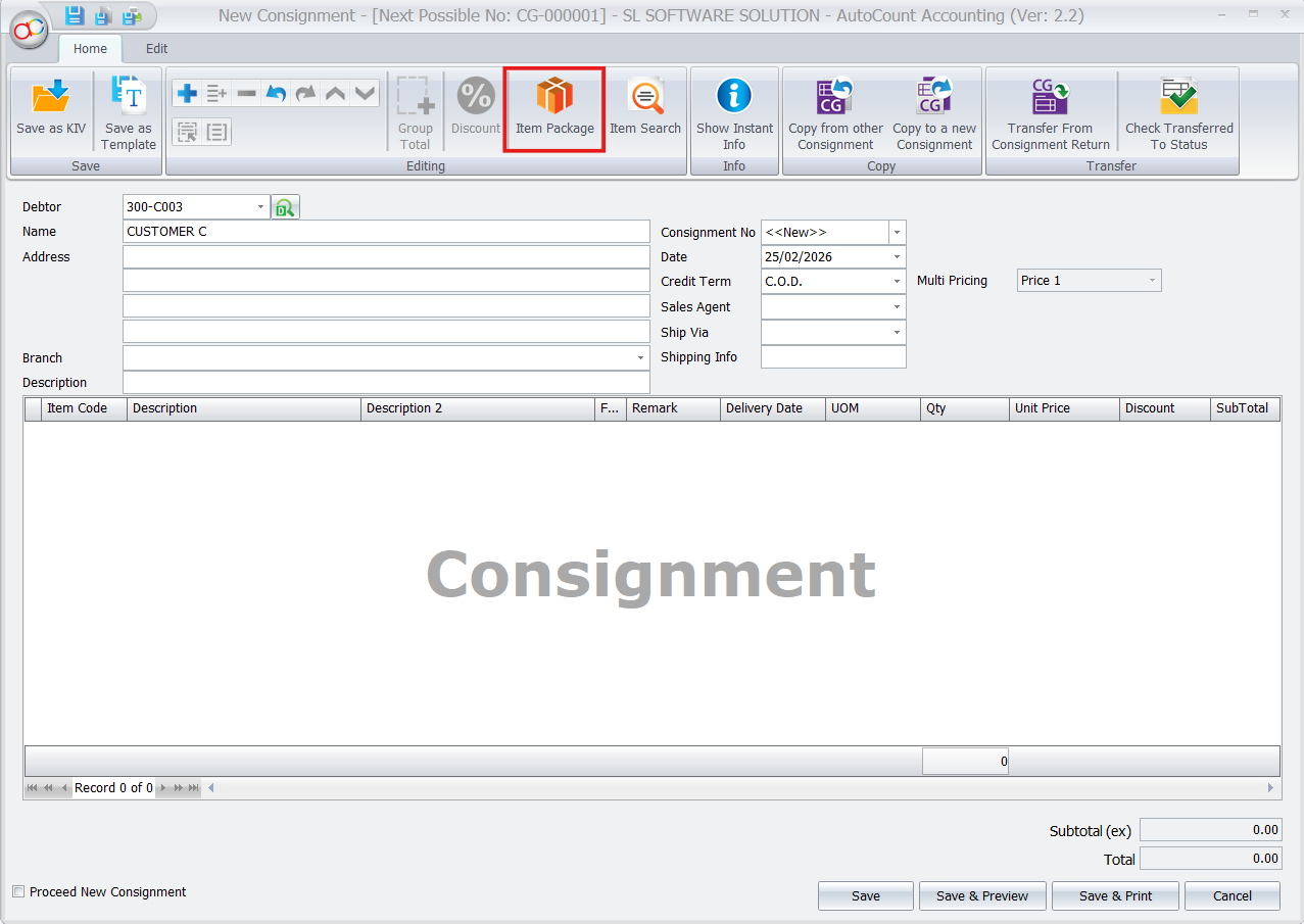 AutoCount New Consignment screen featuring Item Package button to add bundled products.