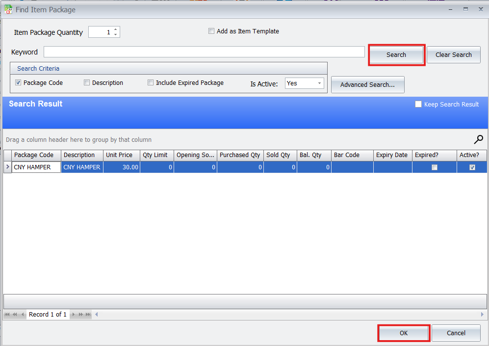 AutoCount Find Item Package dialog showing CNY HAMPER package selected to add to consignment note.