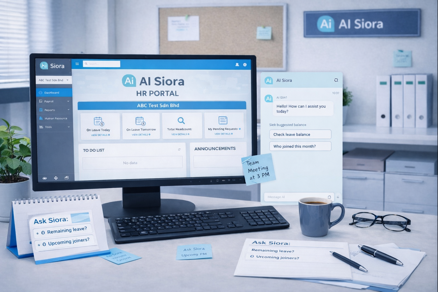 AutoCount HRMS Siora AI assistant interface screenshot