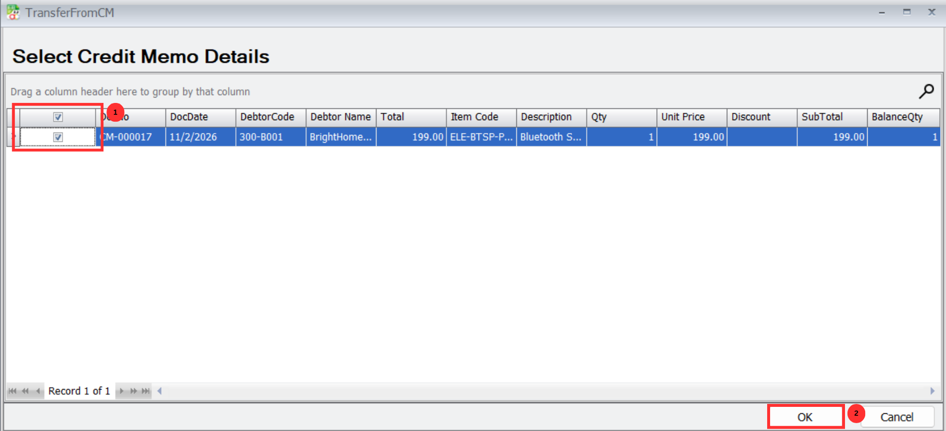 list selection for conversion into credit note
