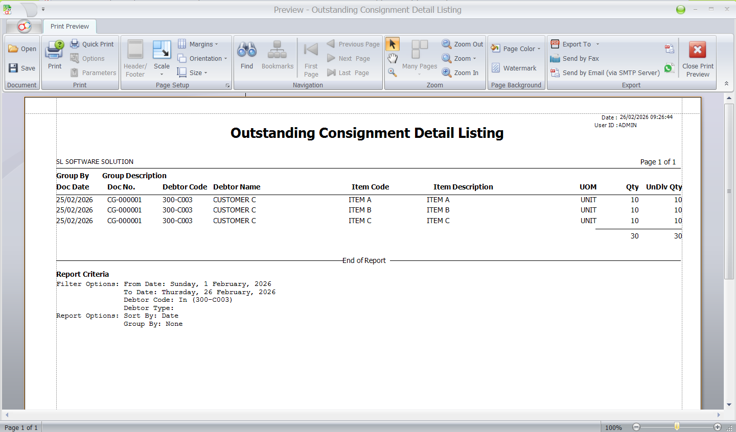 AutoCount Outstanding Consignment Detail Listing excluding item package master showing only sub‑item details in print preview.