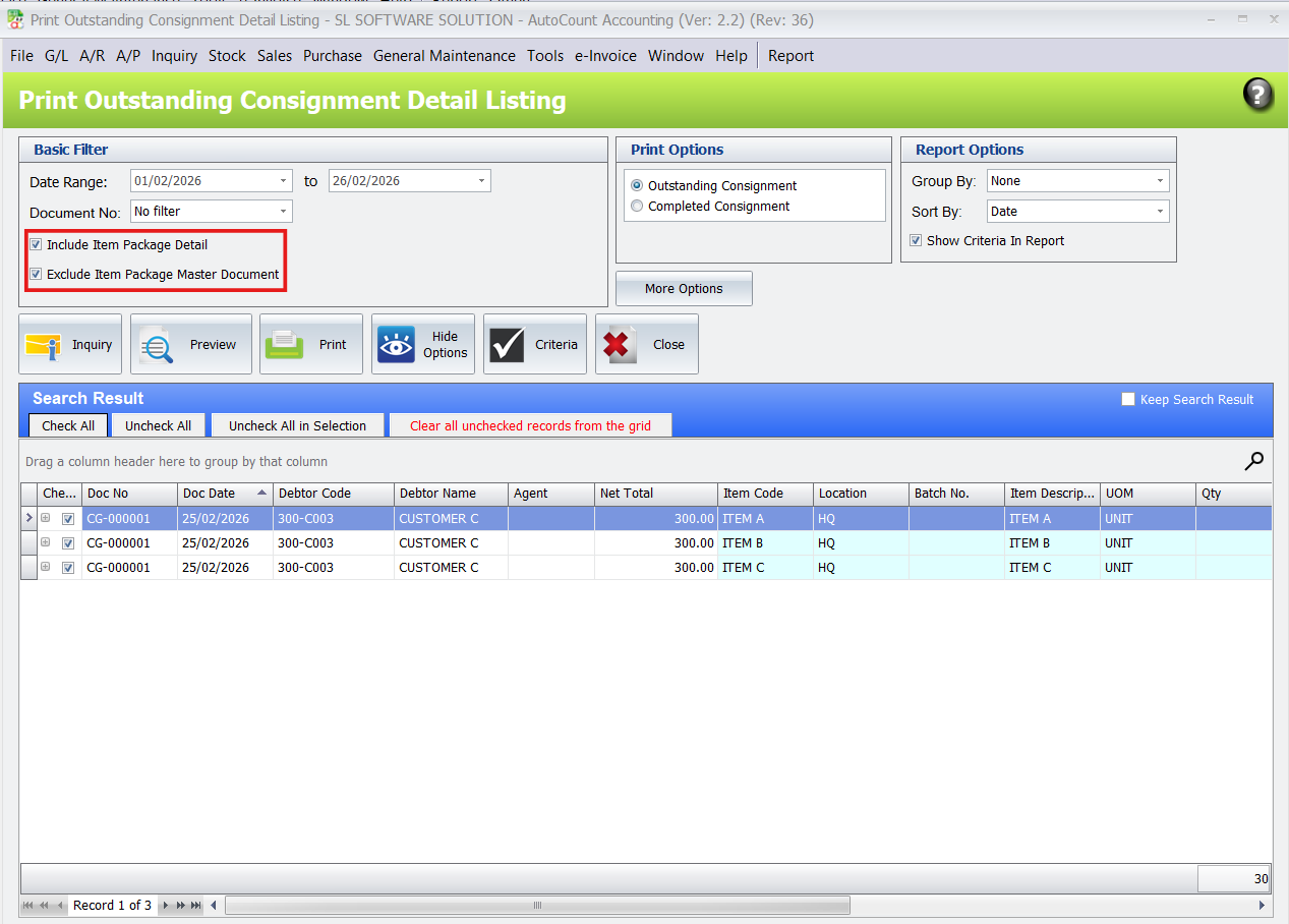 AutoCount Outstanding Consignment Detail Listing preview showing only the individual item codes.