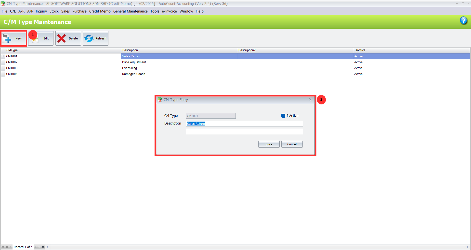 Credit Memo Type maintenance interface in AutoCount Credit Memo Plugin