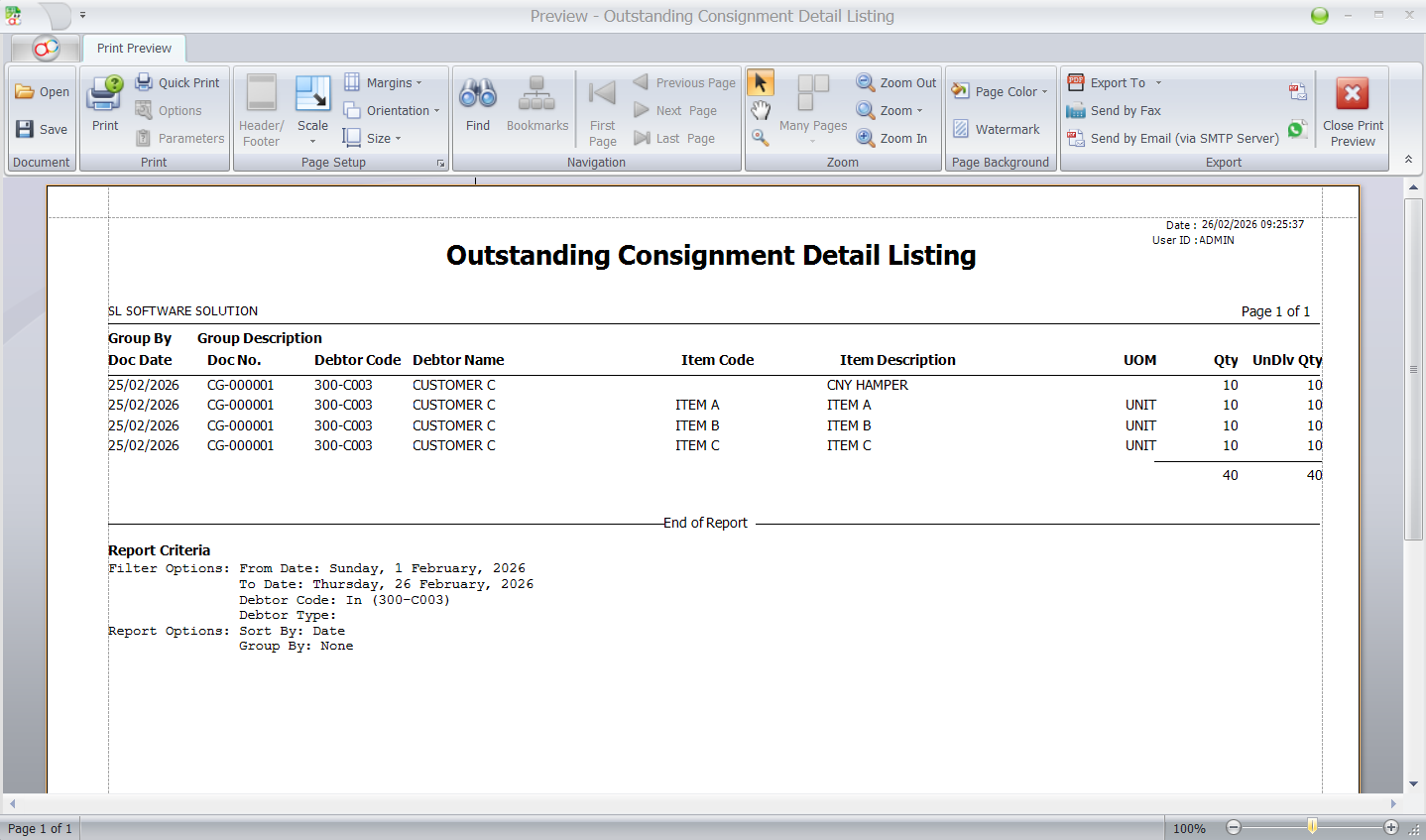 AutoCount Print Outstanding Consignment Detail Listing dialog with Include Item Package Detail selected.