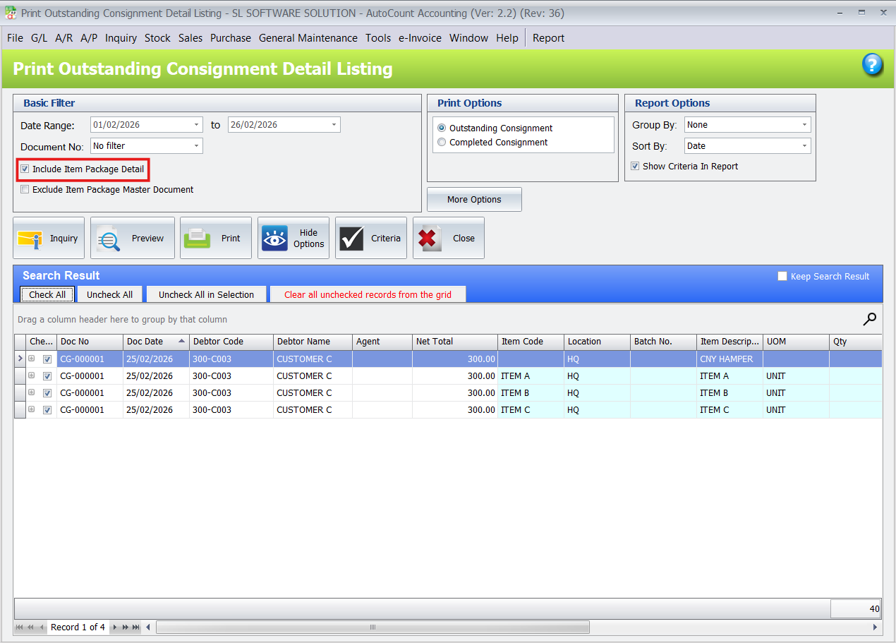 AutoCount Outstanding Consignment Detail Listing preview showing both package code and individual item codes.
