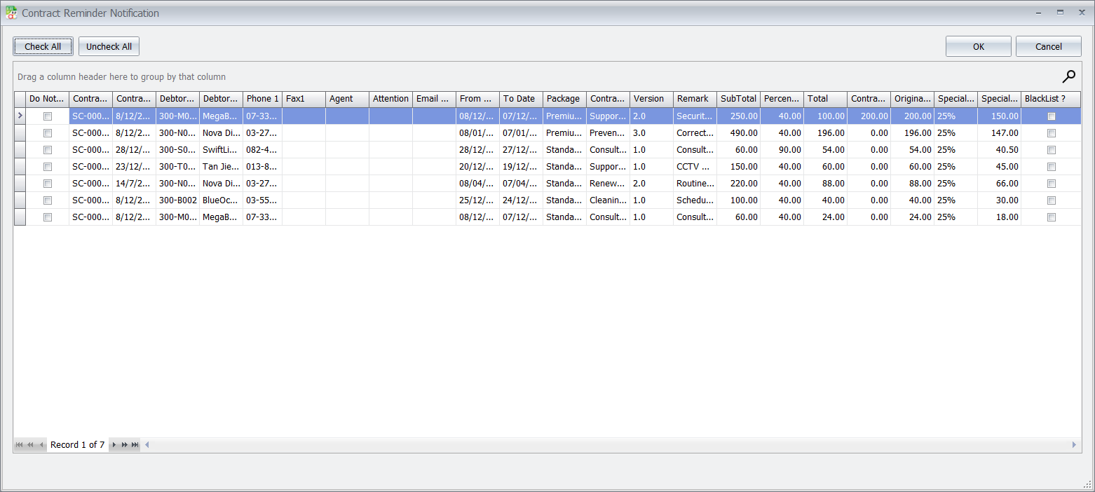 Contract reminder list showing active service contract reminders