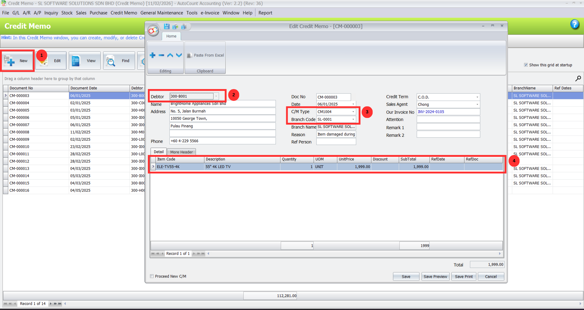 Credit Memo creation screen in AutoCount Credit Memo Plugin