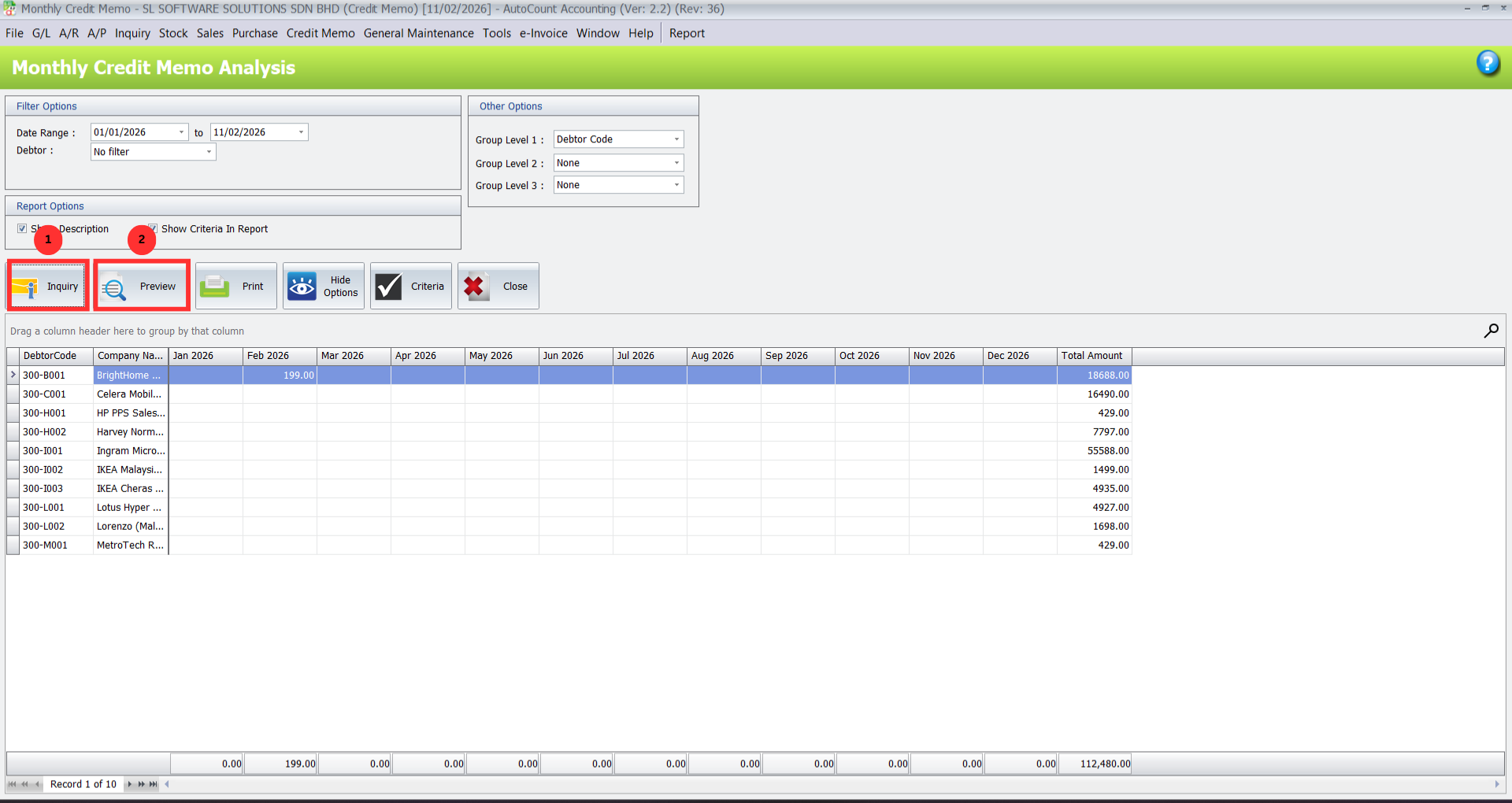 Monthly Analysis report screen in AutoCount