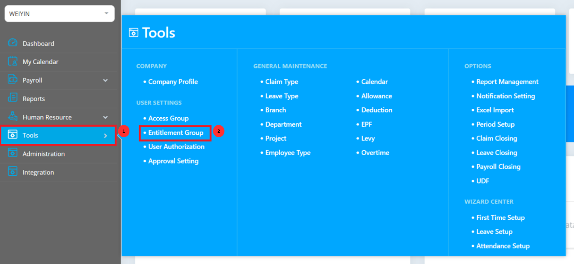 Navigation menu showing Tools > Entitlement Group selection in AutoCount HRMS