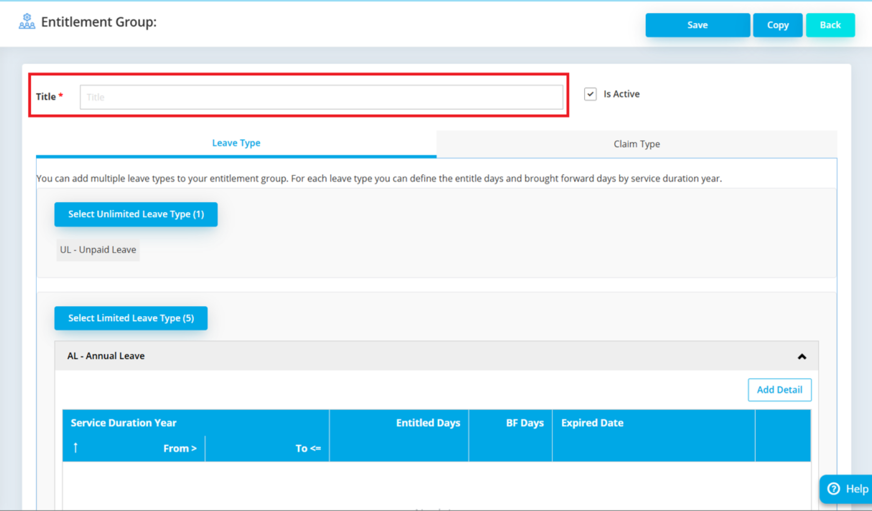 Select unlimited leave type in entitlement