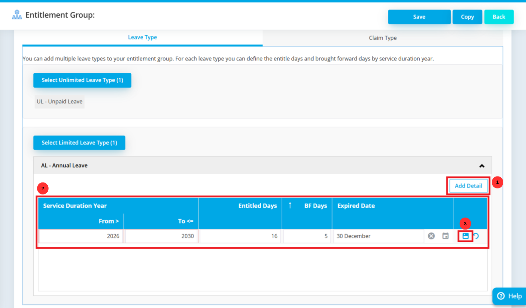 Save icon for saving entitlement details