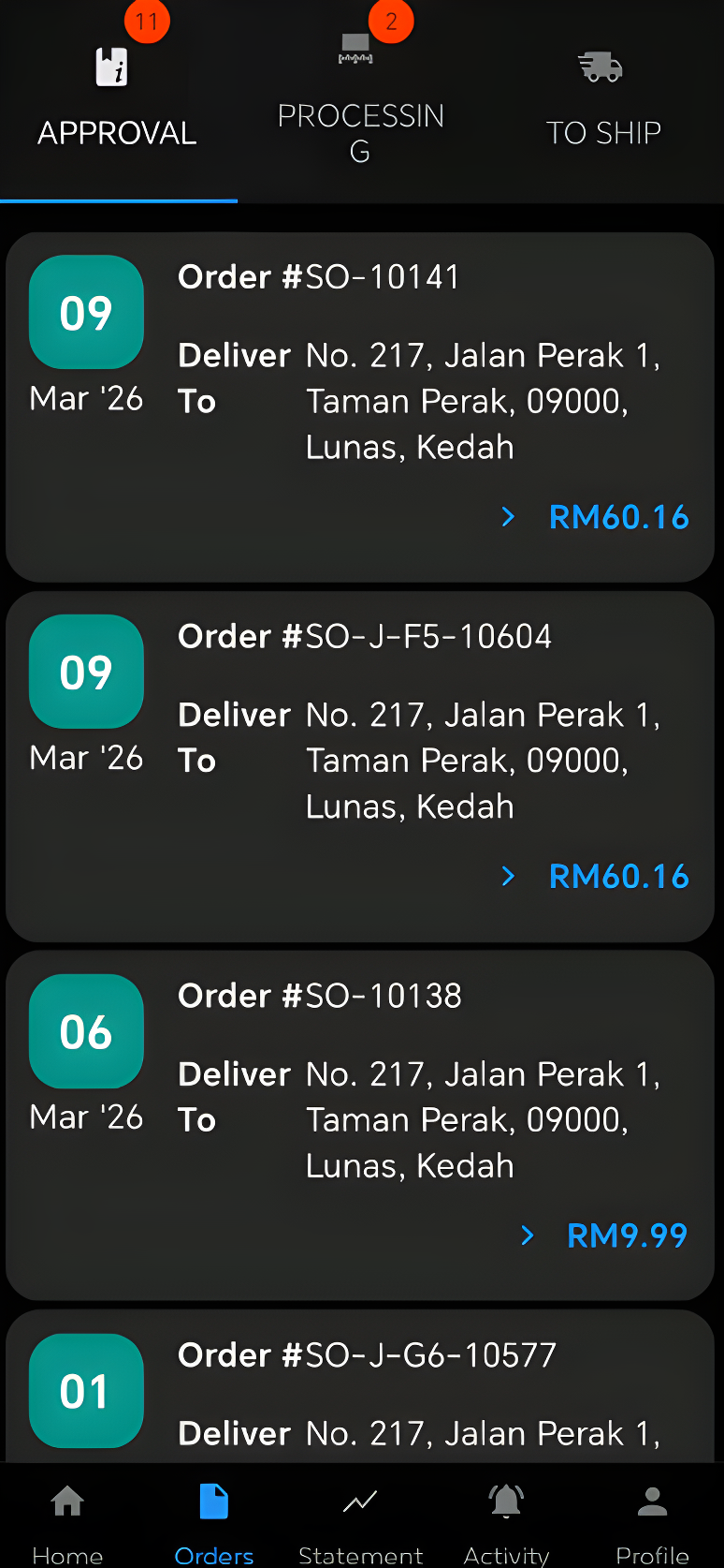 EasySales order confirmation and order tracking mobile app interface