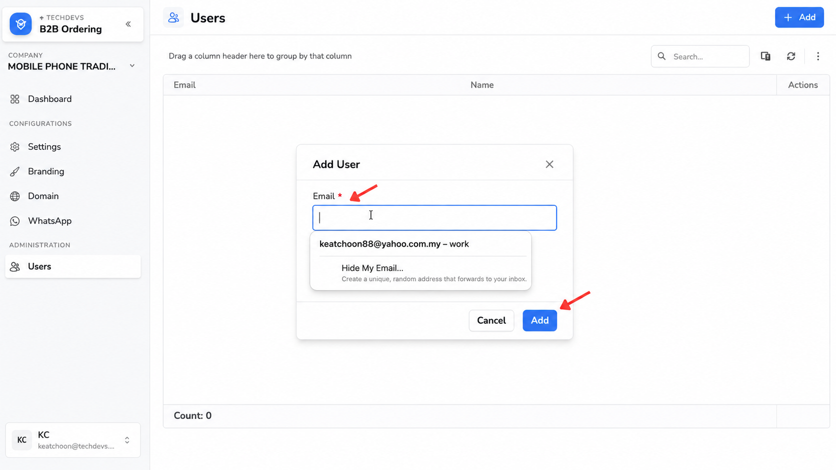 Add User window in B2B Ordering for inviting a customer by email addres