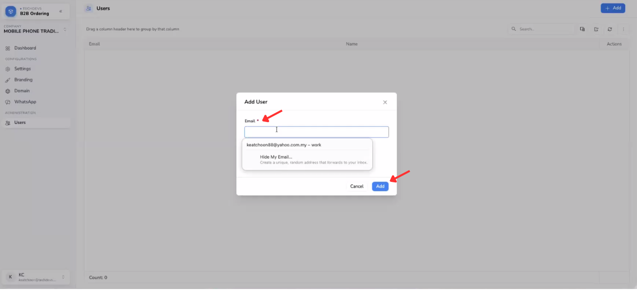 Add User window in B2B Ordering for inviting a customer by email addres