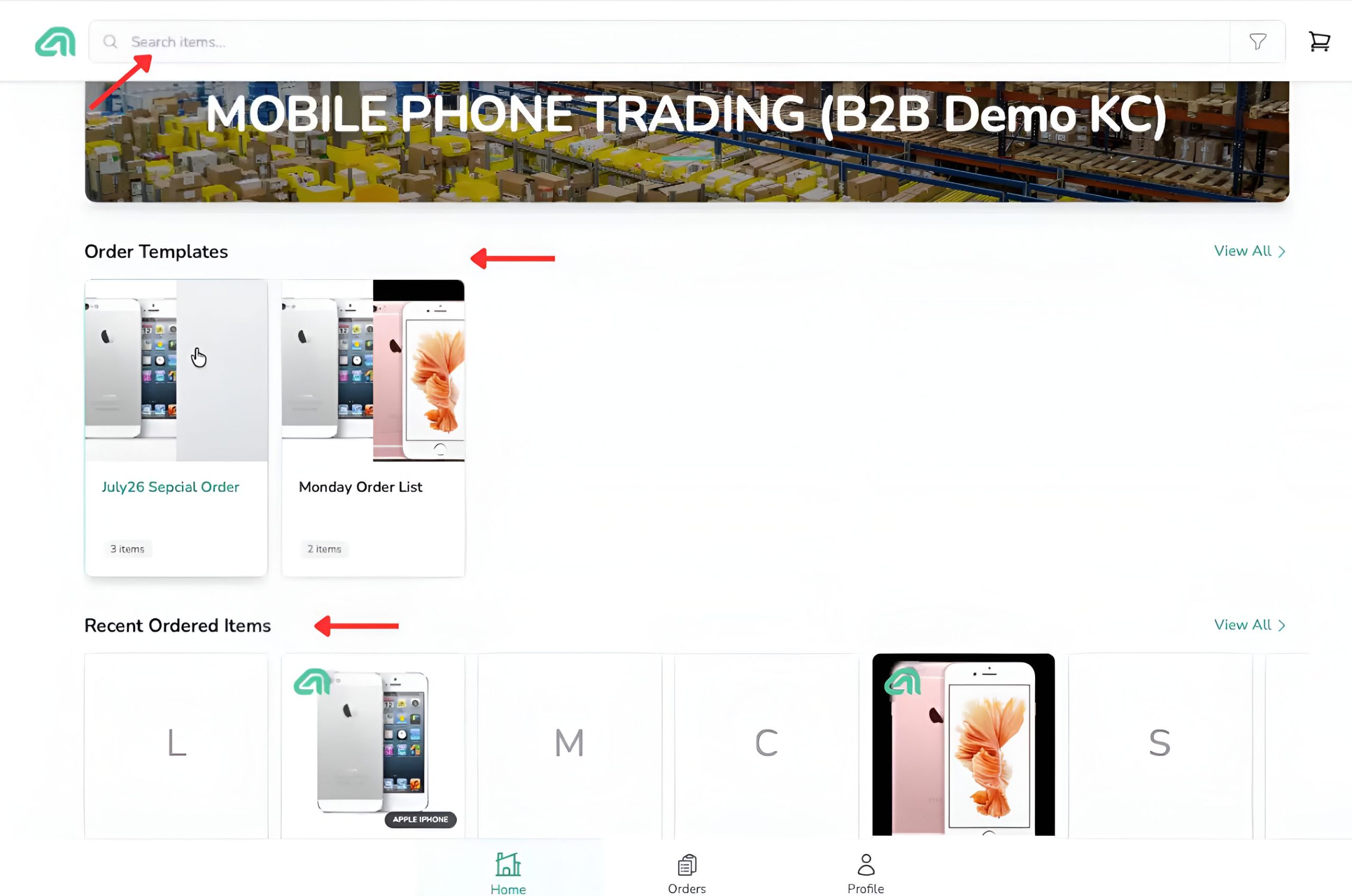 AutoCount B2B Mobile Ordering home page showing Order Templates and Recent Ordered Items in a responsive desktop layout.