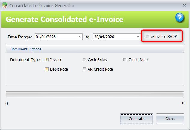 AutoCount Generate Consolidated e-Invoice window showing the e-Invoice SVDP checkbox.