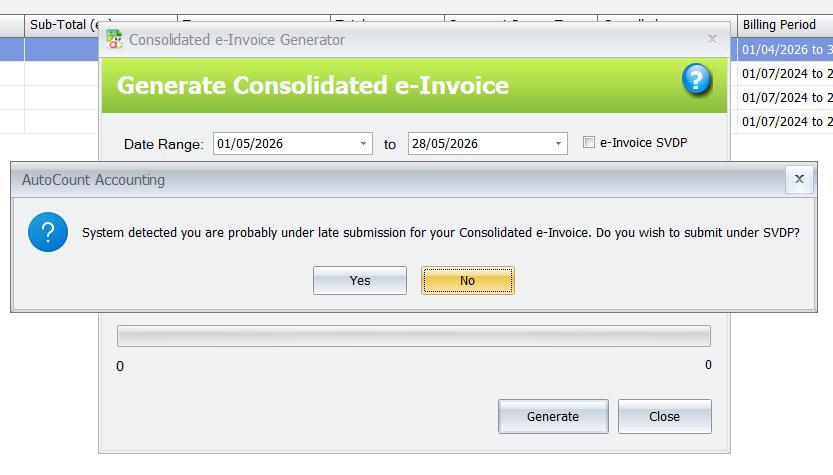 AutoCount possible late consolidated e-Invoice submission warning