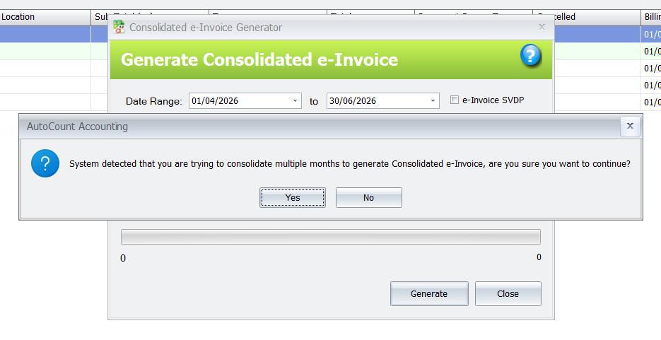 AutoCount warning shown when transactions from multiple months are selected for one consolidated e-Invoice.